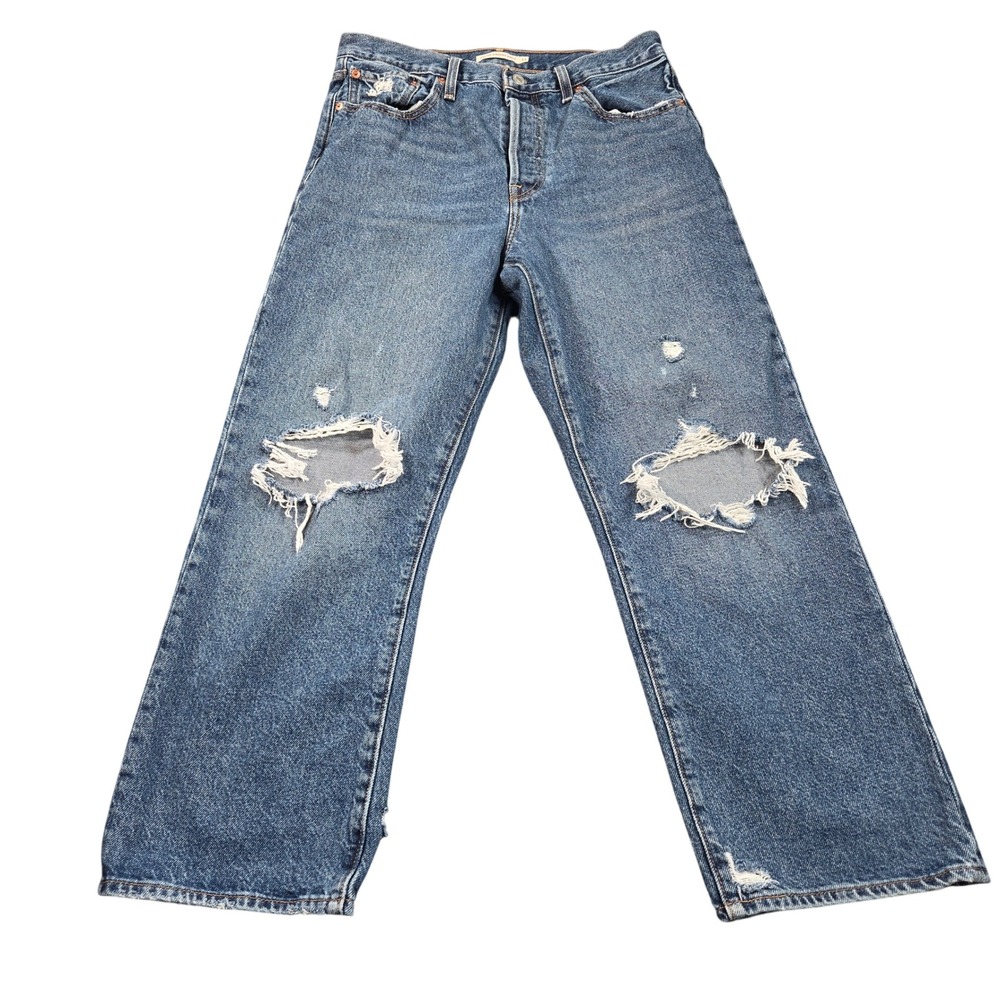 Levis Ribcage Straight Ankle Jeans Womens 31 Blue Distressed Medium Wash